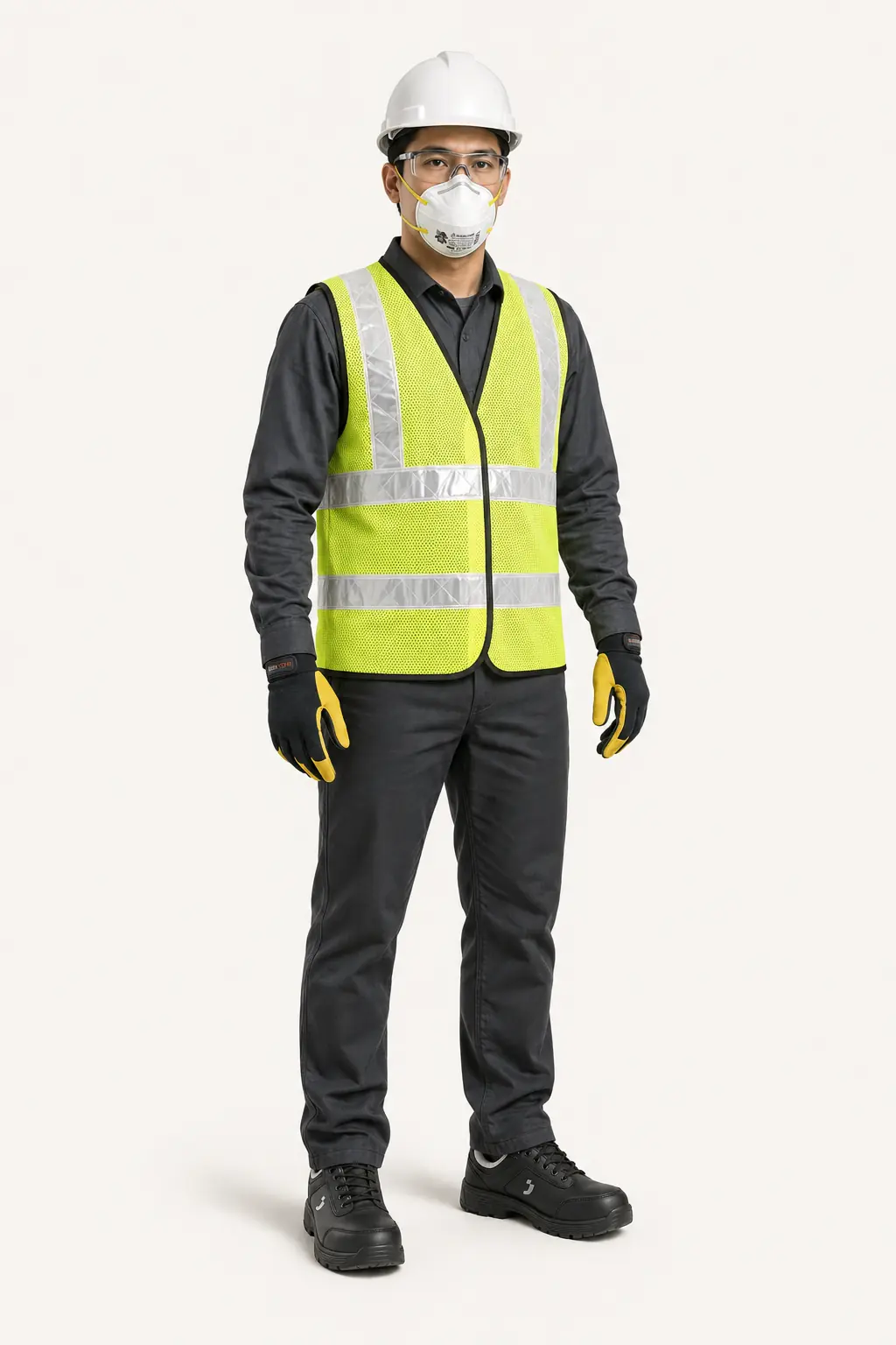 Asian worker in MSA helmet, AL-Gard eyewear and vest, 3M respirator, AL-Gard gloves and Safety Jogger shoes