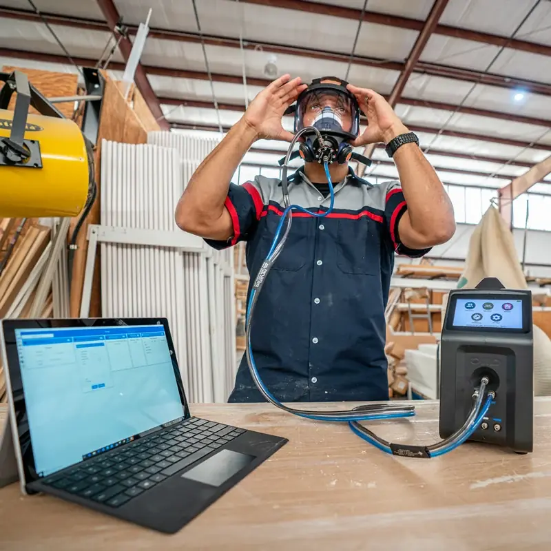 Worker performing a respirator fit test with connected testing equipment